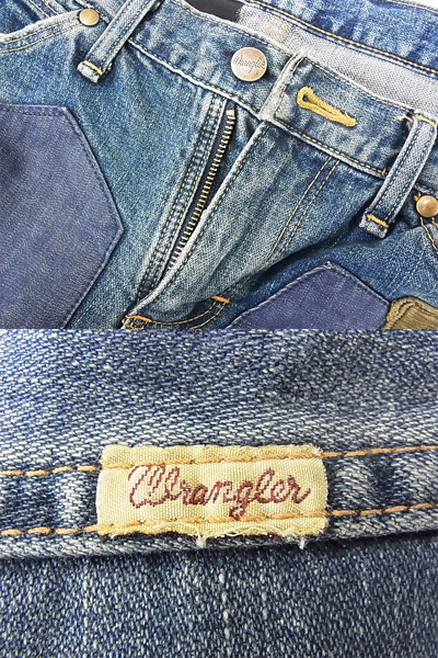 実際に弊社で買取させて頂いたAKM×Wrangler パッチワーク/USED加工 デニムパンツ 革パッチ Mの画像 9枚目