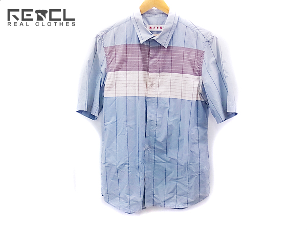 実際に弊社で買取させて頂いたMARNI/マルニ ストライプ切替ボーダー 半袖綿シャツ/52