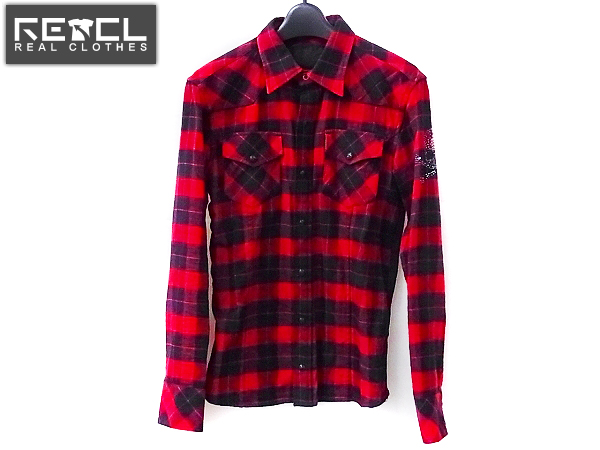 実際に弊社で買取させて頂いたRoen/ロエン チェックネルシャツ 袖スワロスカル 赤×黒 44