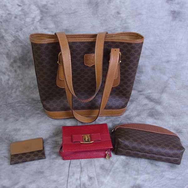 実際に弊社で買取させて頂いたCELINE/セリーヌ  Salvatore Ferragamo/フェラガモ マカダム柄 トートバッグ/ポーチ/コインケース等 4点SET