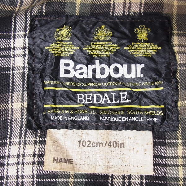 実際に弊社で買取させて頂いたBarbour/バブアー BEDALE/ビデイルオイルドジャケット/102CM/40INの画像 3枚目