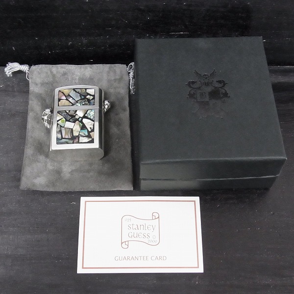 実際に弊社で買取させて頂いた【ギャラ付】STANLEY GUESS ZIPPO ラージ Wサイド マルチシェル/ウッドw/ホワイトハートシェル インレイ スカルヒンジの画像 9枚目