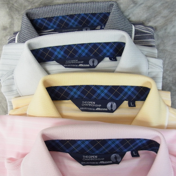 実際に弊社で買取させて頂いた【未使用】MIZUNO/ミズノ ゴルフウェア THE OPEN 半袖ポロシャツ ボーダー柄 4点SET/Lの画像 1枚目