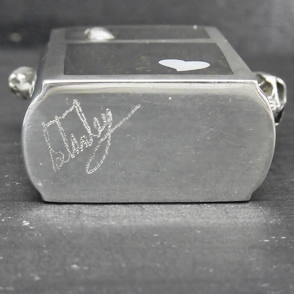 実際に弊社で買取させて頂いた【ギャラ付】STANLEY GUESS ZIPPO ラージ Wサイド マルチシェル/ウッドw/ホワイトハートシェル インレイ スカルヒンジの画像 4枚目