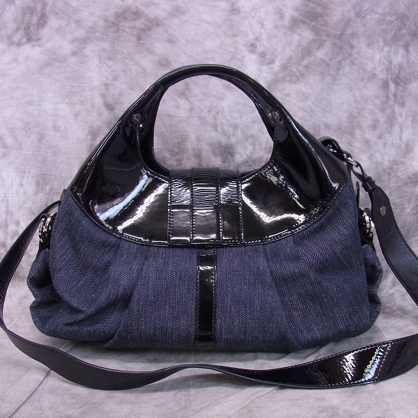 実際に弊社で買取させて頂いたBVLGARI/ブルガリ チャンドラ パテントレザー×デニム 2WAY ショルダー ハンドバッグの画像 1枚目