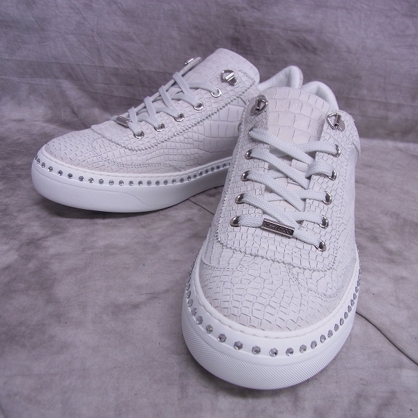 実際に弊社で買取させて頂いた【未使用】JIMMY CHOO/ジミーチュウ 17SS ACE-CRX-WHITESTEEL/クリスタル付クロコプリントヌバックスニーカー 42