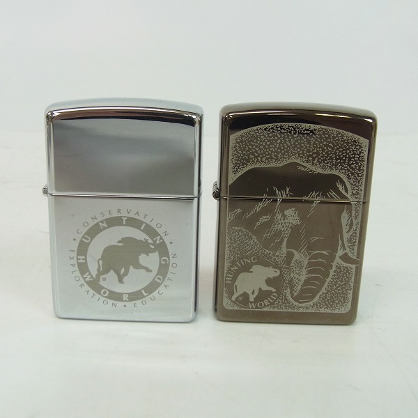 実際に弊社で買取させて頂いたZIPPO/ジッポー HUNTING WORLD/ハンティングワールド 鏡面 ロゴプリント/象プリント 2点セット/98/03年製