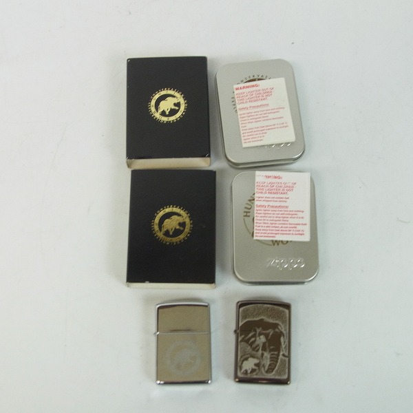 実際に弊社で買取させて頂いたZIPPO/ジッポー HUNTING WORLD/ハンティングワールド 鏡面 ロゴプリント/象プリント 2点セット/98/03年製の画像 4枚目