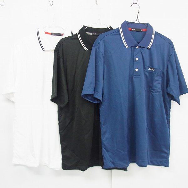 実際に弊社で買取させて頂いたXXIO/ゼクシオ ゴルフウェア 半袖ポロシャツ ホワイト/ブラック/ブルー L 3点セット