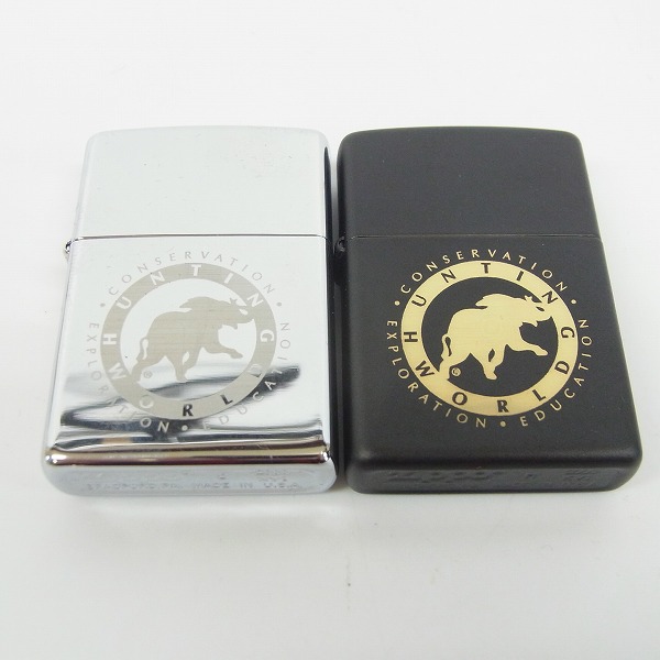 実際に弊社で買取させて頂いたZIPPO/ジッポー HUNTING WORLD/ハンティングワールド マット加工/鏡面仕上げ 2000年製 2点セット