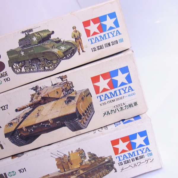 実際に弊社で買取させて頂いた【未組立】TAMIYA/タミヤ 1/35 メルカバ主力戦車/メーベルワーゲン/アメリカ M8自走榴弾砲 等4点セットの画像 1枚目